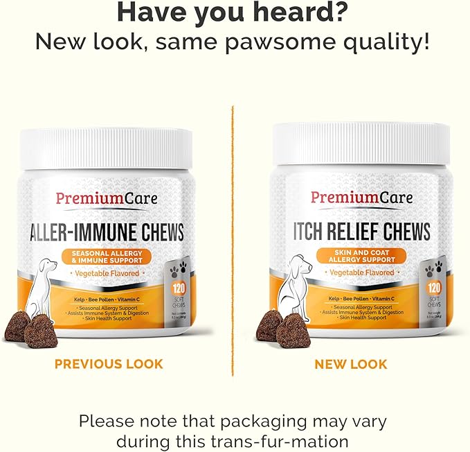 PREMIUM CARE Itch Relief for Dogs - 120 Allergy Chews for Dogs - Anti Itch Seasonal Support for Pets Itchy Skin Relief Skin Health Support with Colostrum, Vitamin C, Omega and Bee Pollen