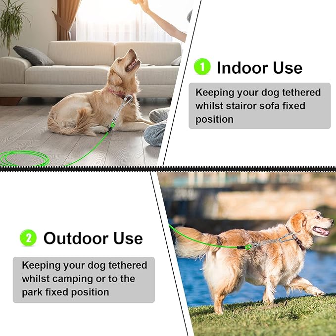 Jenico Dog Tie Out Cable - 10/15/20/30/40/50/70/100/150FT Runner Cable with Swivel Hook and Shock Spring, Leash Tether for Yard, Outdoor and Camping, Up to 500 LBS