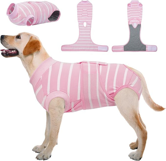 Kuoser Recovery Suit for Dogs After Surgery, Soft Dog Surgery Suit Female Anti Licking Dog Onesie E-Collar & Cone Alternative, Breathable Pet Surgical Recovery Shirt, Pink Strips L