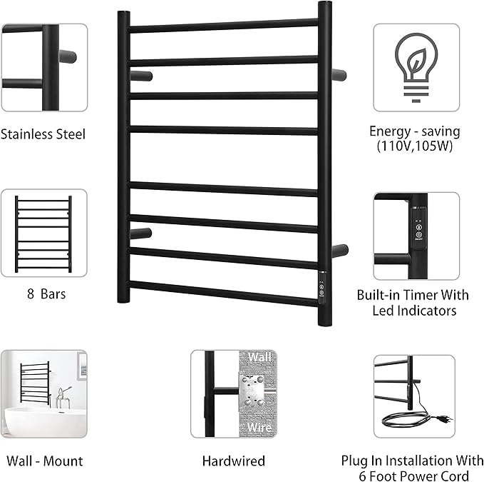KEG Towel Warmer Wall Mounted with Built-in Timer 8 Bars Electric Stainless Steel Heated Towel Racks for Bathroom, Hot Plug-in Bath Towel Heater Matte Black (TW-8-MB)