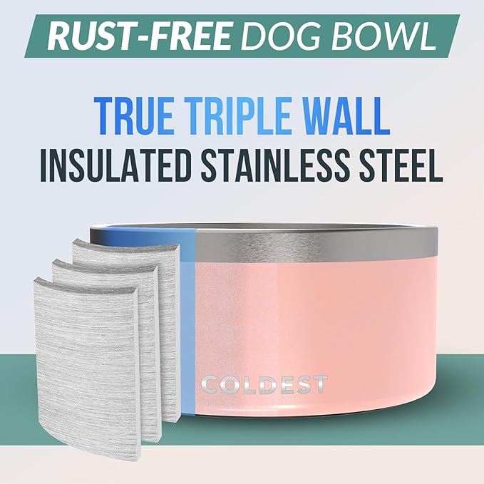 Coldest Dog Bowl - Anti Rust Metal, Non Slip, 3 Layers Insulated Stainless Steel Dog Bowls - Spill Proof & Heavy Duty - Water Bowl for Dogs, Cats, Dish Washer Safe (200 oz, Forever Pink Glitter)