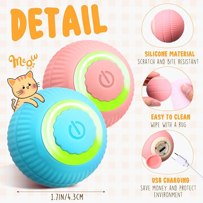 6 Pack Interactive Cat Ball Toy for Indoor Automatic Smart Rolling Ball with LED Light 2 Modes Electric Self Rolling Toy for Large and Small Puppy Kitten