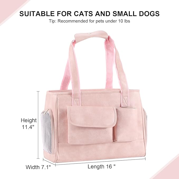 Dog Carrier Purse, Fashion Leather Pet Carrier Bag, Airline Approved Soft Sided Cat Travel Tote Bag with Pockets Pink