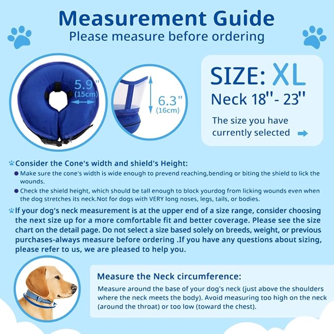 Soft Dog Cone Collar, Inflatable Donut Cones Alternative After Surgery for Large/Medium/Small Dogs to Stop Licking, XL Elizabethan Neck Ecollars of Shame with Anti-Lick Shield, Comfy Pillow Recovery