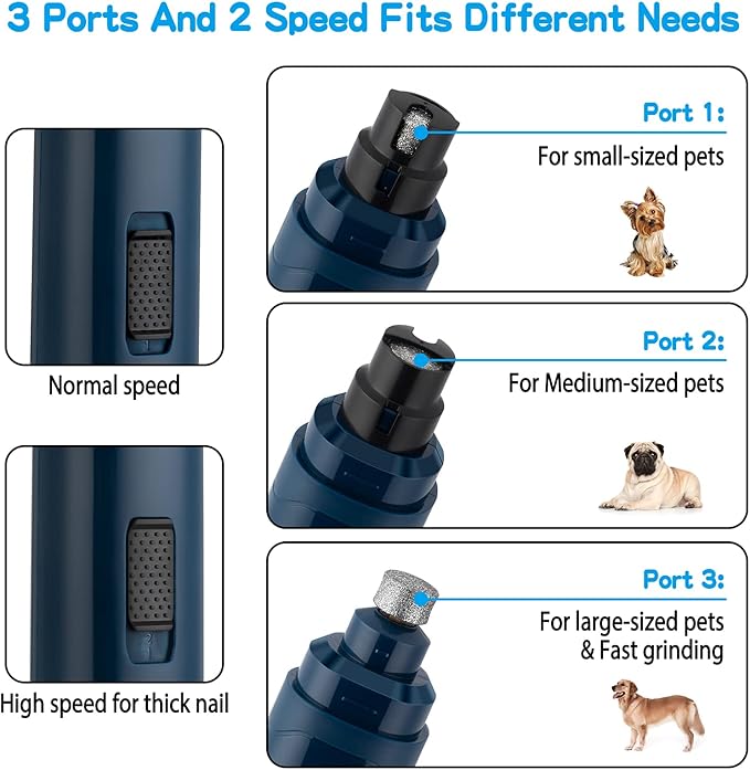 Casfuy Dog Nail Grinder Upgraded - Professional 2-Speed Electric Rechargeable Pet Nail Trimmer Painless Paws Grooming & Smoothing for Small Medium Large Dogs & Cats(Dark Blue)