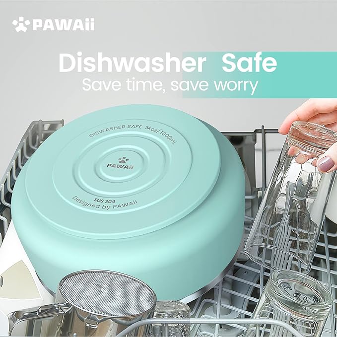 Pawaii Stainless Steel Dog Bowl with Non-Slip Rubber Base & Double Wall Insulation - Durable Design | Includes ID Tag | Dishwasher Safe Food & Water Bowl for All Dogs (34oz)