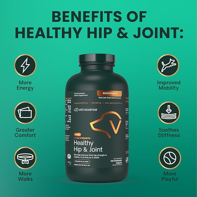 VetriScience Glycoflex 3 Clinically Proven Hip and Joint Supplement for Dogs - Maximum Strength Dog Supplement with Glucosamine, MSM, Green Lipped Mussel & DMG - 120 Chewable Tablets, Chicken Flavor