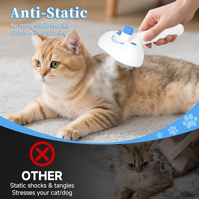 Pet Steam Brush for Dog & Cat - 3-in-1 Steam Grooming Brush for Shedding & Hair Removal - Self Cleaning Spray Comb with Mist for Long Haired Pets, Blue