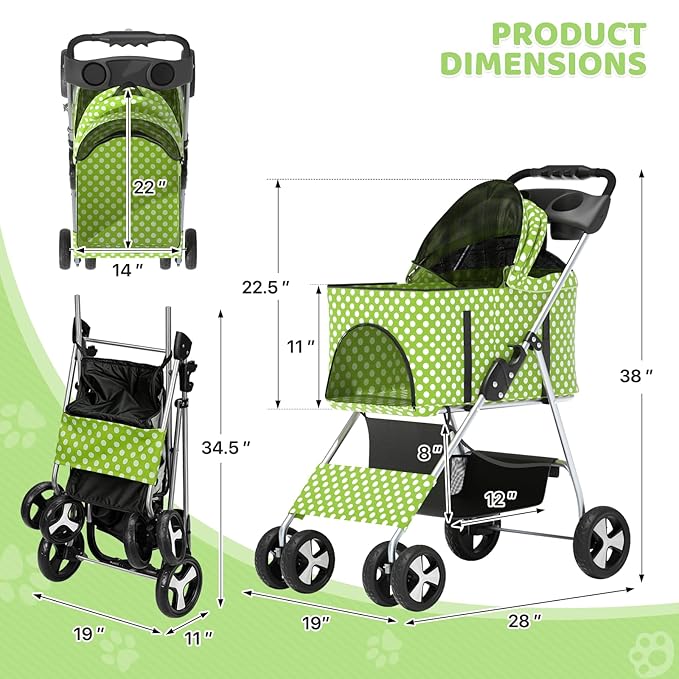 Magshion Foldable Pet Stroller, 3-in-1 Dog Travel Jogger with Detachable Carrier, Cup Holder, Storage Basket, Folding Carrier for Small/Medium Dogs & Cats Up to 33 lbs, Lawn Green Polka Dots