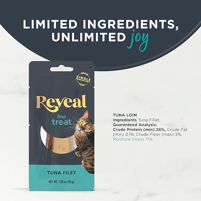 Reveal Natural Cat Treats, 6 Count Single Ingredient Treat for Cats, Grain Free, Whole Tuna Loin, 1.06 oz Bags