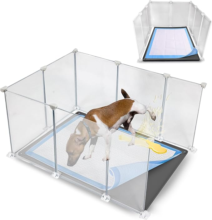 TidyFriend Litter Box Splash Guard 24” x 32”, Small Dog Litter Box Shield Guard with Pee Pad Holder Tray Fits for 30" x 23” Training Pad, Easy to Clean, Indoor (White Enclosure with Grey Peepad Tray)