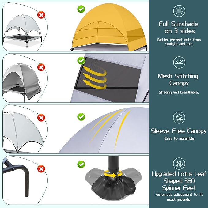 Elevated Outdoor Dog Bed with Canopy & Adjustable Feet - Larger Shade for Camping, Backyard & Patio