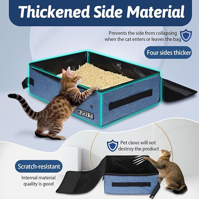Petskd Portable Cat Travel Litter Box with Lid and 10 pcs Disposable Liner Bags, Leak-Proof and Collapsible, Cat Travel Essentials for Car, Hotel, Airplane and Other Outdoor Use(Blue)
