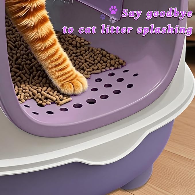 Large Cat Litter Box with Cat Litter Scoop, Foldable Litter Box with Lid, Front Entry and Exit Leak-Proof Litter Cat Box, Odor Control, Easy to Clean (Purple)