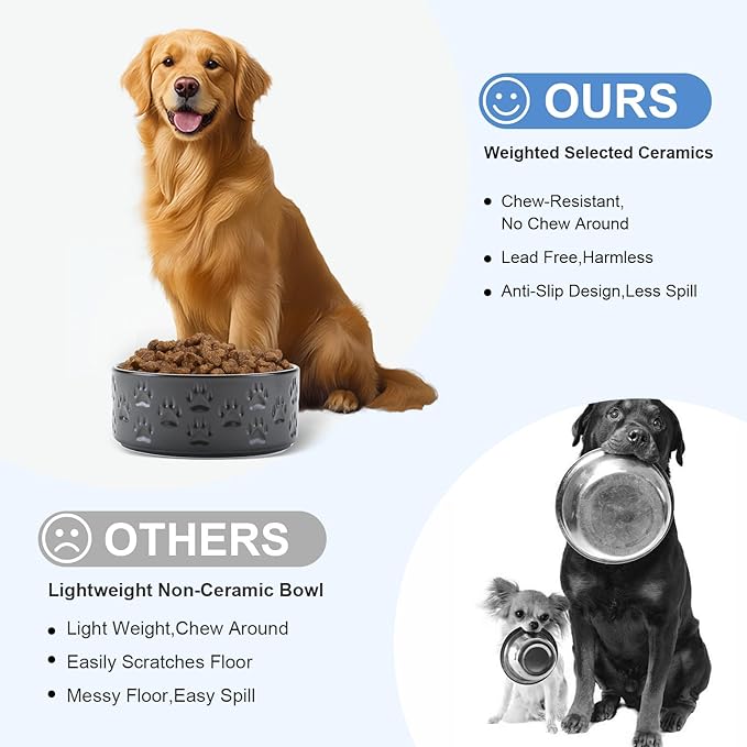 SPUNKYJUNKY Ceramic Dog Bowls 2 Pack, 8.3'' Dog Food Water Double Feeding Bowls Non-Slip for Medium to Large Sized Breed Microwave Dishwasher Safe - 60 OZ, 2pcs, Paw Black