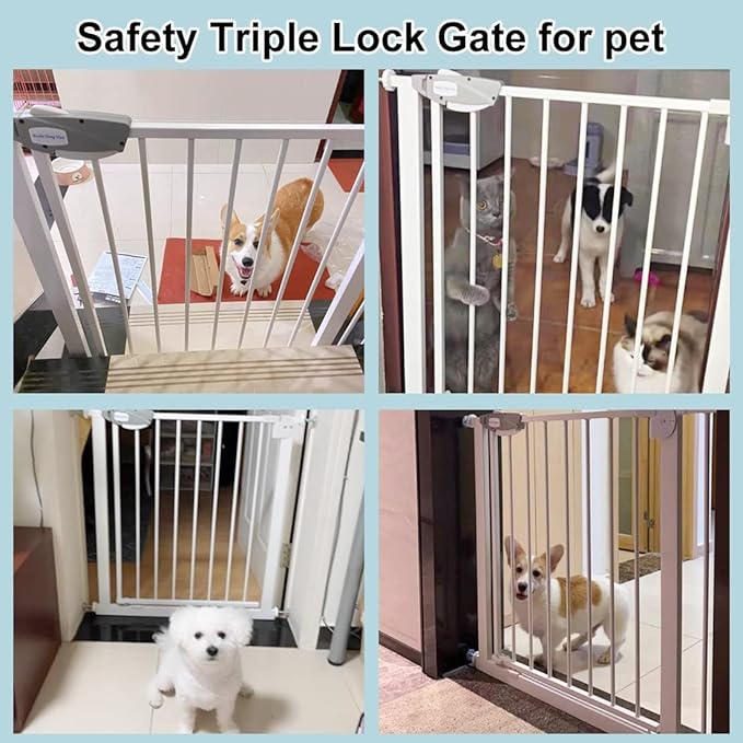 WAOWAO Triple Lock Baby Gate Extra Wide 39.76-43.7" Pressure Mounted Walk Through Swing Auto Close Safety White Metal Child Kids Dog Pet Puppy for Stairs,Doorways