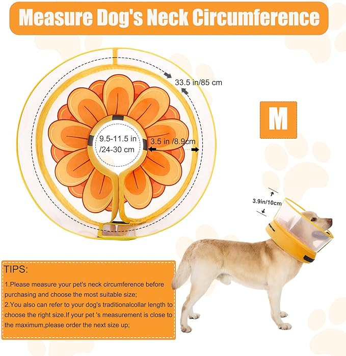 Inflatable Dog Cone Collar with Enhanced Anti-Licking, Soft Neck Donut for Dogs Cats, Recovery Pet Cone Collar After Surgery for Large Medium Small Dogs (Yellow Flower, Medium)