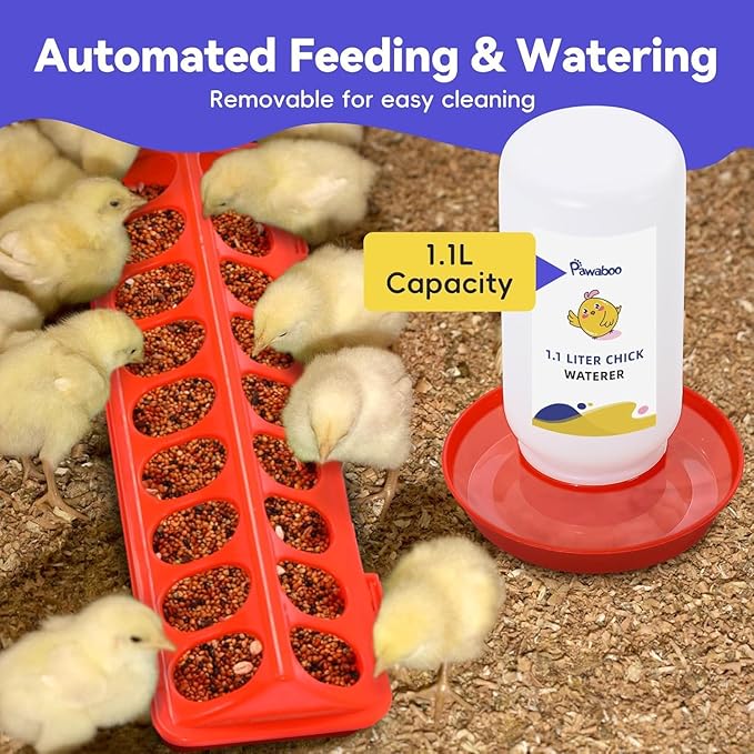 Pawaboo 5-in-1 Chicken Brooder Box for Chick Starter Kit, Includes Pet Cage Tent, Chicks Perch, Chick Feeder, 1.1L Chick Waterer, Baby Chick Supplies (Brooder Set), Green + Red + Wood Color