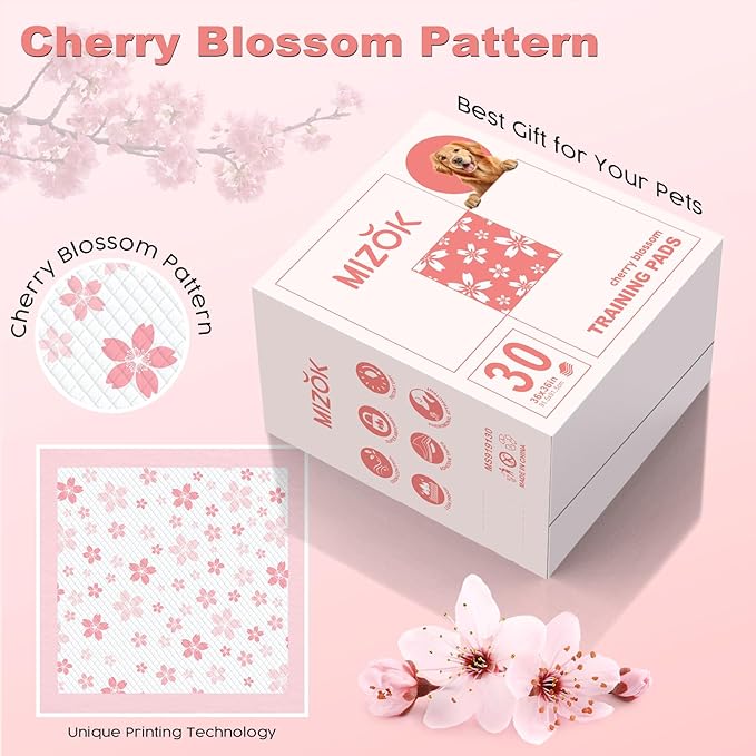 MIZOK 36x36 Puppy Pads Pink, Dog Pee Pads Leak-Proof with Quick-Dry Surface, Dog Pads Extra Large with Cherry Blossom Prints, Pee Pads for Dogs Super Absorbent (30 Count)