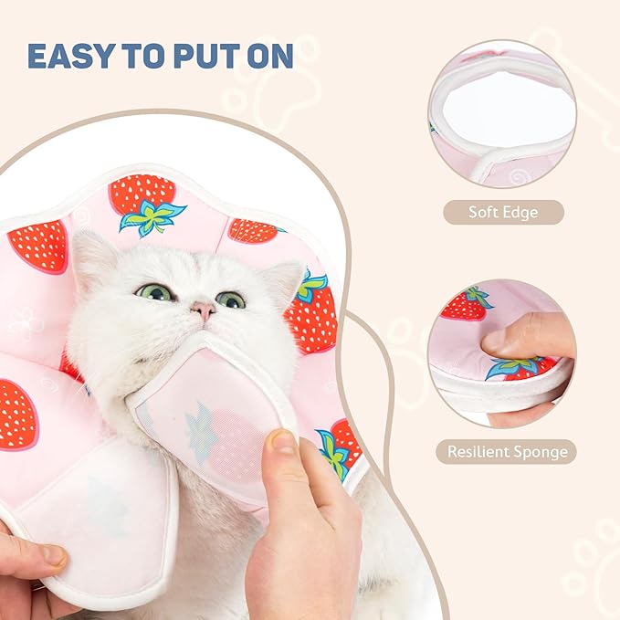 Avont Soft Cat Recovery Cone Collar, Adjustable Lightweight Kitten E-Collar for Small Dogs, Comfortable Neck Donut Stop Licking Scratching After Surgery -Strawberry(L)