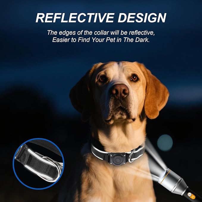 Waterproof Airtag Dog Collar - Nylon Collar with Durable Airtag Holder, Reflective&Anti-Lost with Safety Metal Buckle, Soft Padded Adjustable for Small Medium Large Dogs Black L