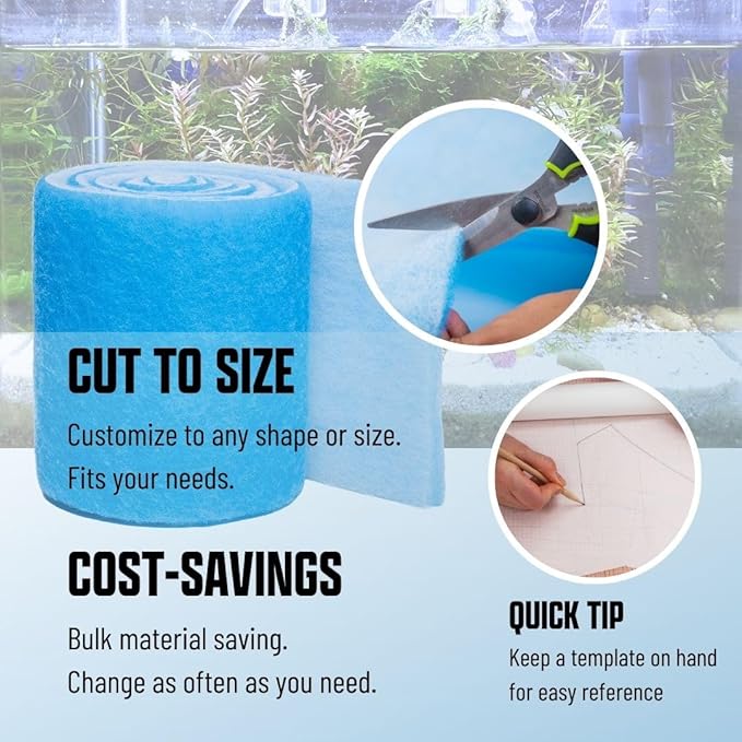 Premium Aquarium Filter Media Pad - Cut-to-Fit Roll, Fresh and Saltwater Safe, Blue & Dye-Free Options, Made in USA (Blue Bonded, 12"x120" (10 ft) x0.75)
