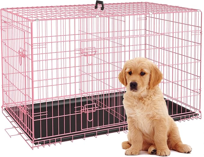 BestPet | Dog Crate | 24" | Pink | Foldable Metal Kennel with Double Doors, Secure Slide-Bolt Latches, Leakproof Tray | Portable Dog Cage for Small Breeds | for Travel, Indoor & Outdoor Use