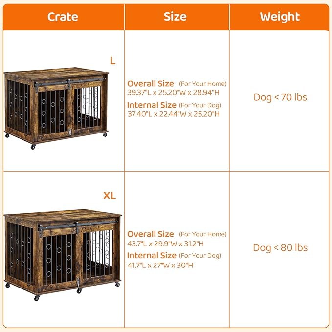 IchbinGo Large Dog Crate Furniture with Sliding Barn Door, 43.7" Wooden Dog Kennel End Table with Wheels and Flip-top Plate Dog House with Detachable Divider for Small/Medium/Large Dog (Rustic Brown)