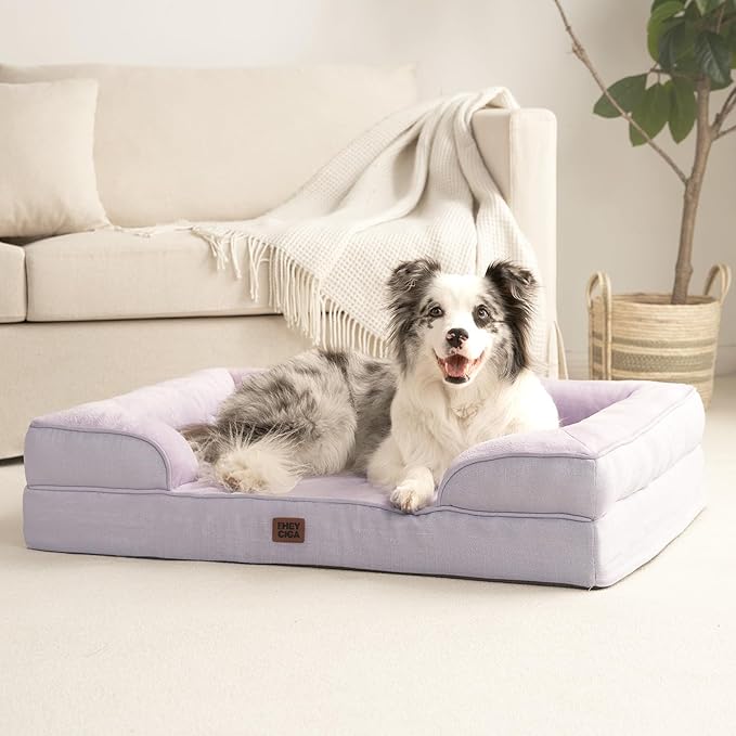 EHEYCIGA Orthopedic Dog Beds Large Sized Dog, Waterproof Memory Foam Pet Bed with Sides, Non-Slip Bottom Large Pet Bed with Washable Removable Cover, Lilac