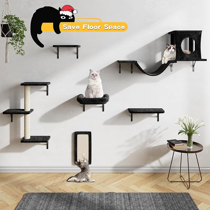 NUNU LAB Wall Mounted Cat Furniture, 6 Pcs Cat Wall Shelves with Condo House, Bridge, Steps, Scratcher, Hammock, Indoor Safe & Stable Furniture for Kittens Play, Black