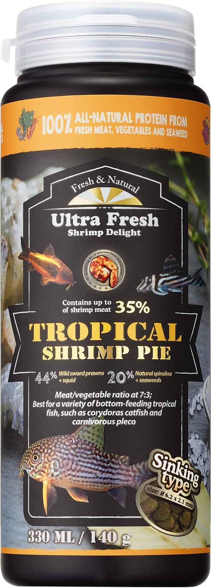 Ultra Fresh Bottom Feeder Fish Food, Sword Prawns, Natural Protein, Balanced Diet, for Catfish, Corydoras, Loaches, Tropical Shrimp Pie 4.94 Ounces
