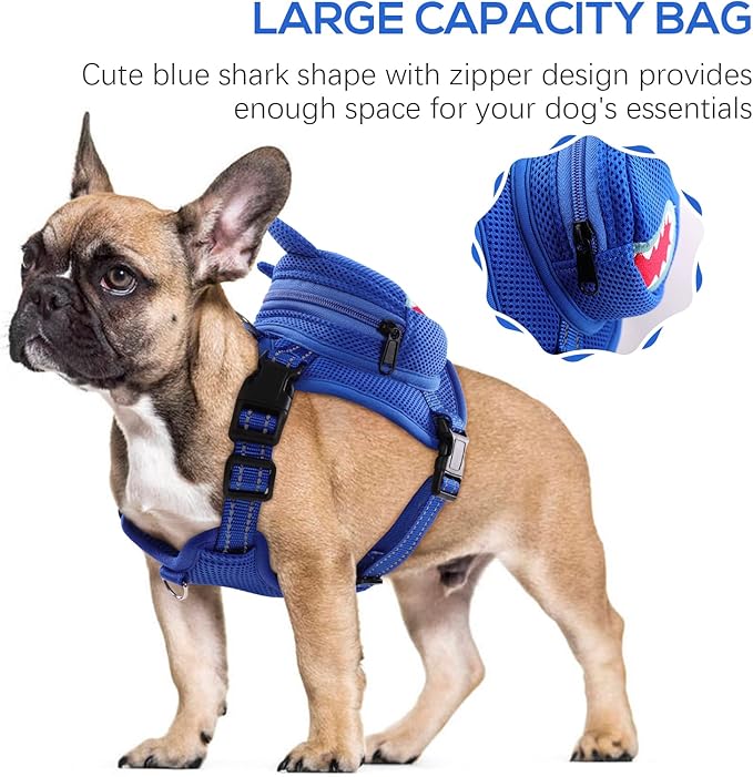 IDOMIK Dog Backpack Harness, No-Pull Dog Backpack with D-Ring for Small Medium Dogs, Cute Self Carrier Backpack for Dogs to Wear, Adjustable Dog Harness Backpack for Traveling Camping Hiking,Shark,M