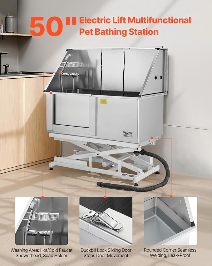 VEVOR Electric Lift Dog Washing Station, 50 inch Professional Stainless Steel Pet Grooming Tub w/PE Water Filter Board, Faucet & Showerhead Dog Bathtub Washing Sink for Multiple Pets (Left Door)