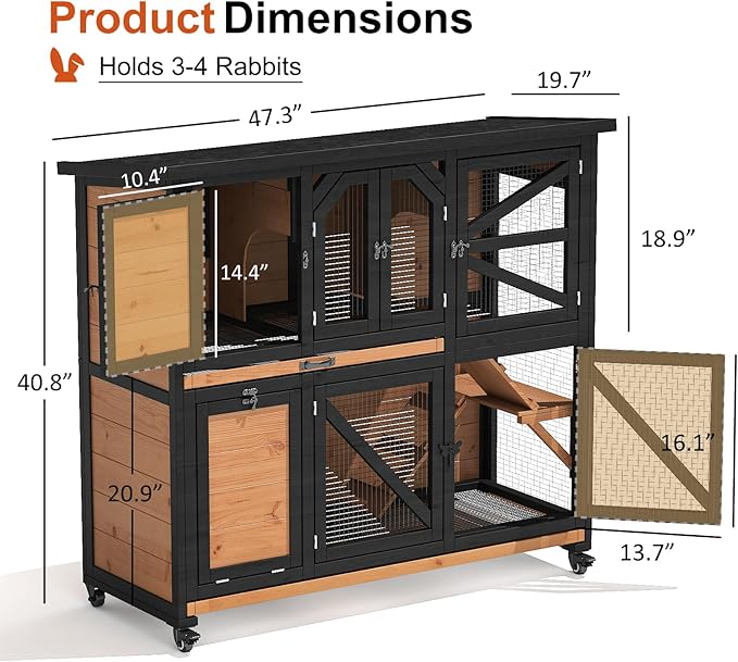 47.3" Two Story Rabbit Cage Bunny Cage Indoor, Wooden Rabbit Hutch Hamster Cages for Small Animals, Outdoor Guinea Pig Cages with Wheels & 2 Removable Trays & Bottom Wire Mesh