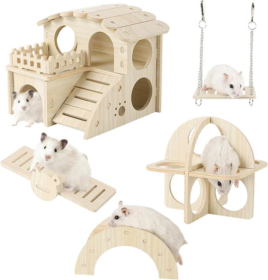 Wooden Hamster Toys 5-Piece Set - Natural Wood Hamster House, Swing, Climbing Ladder, Seesaw & Exercise Wheel - Small Animal Habitat Accessories for Dwarf Hamsters, Gerbils, Mice
