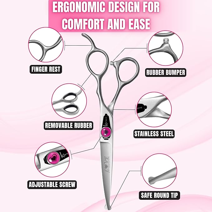Kenchii Love Dog Grooming Scissors, 6.5 Inch Curved Balltip Shears, Dog Scissors for Grooming, Professional Pet Grooming Scissors, Safety Round Tip Shears