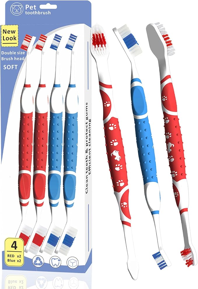 Leoezx™ Professional Pet Toothbrush(4Pcs), Dog & Cat Soft Bristle Double-Sided Brush Head Set, Pet Brushing Teeth to Clean Teeth to Reduce Tartar Buildup, Pet Dental Care Essentials
