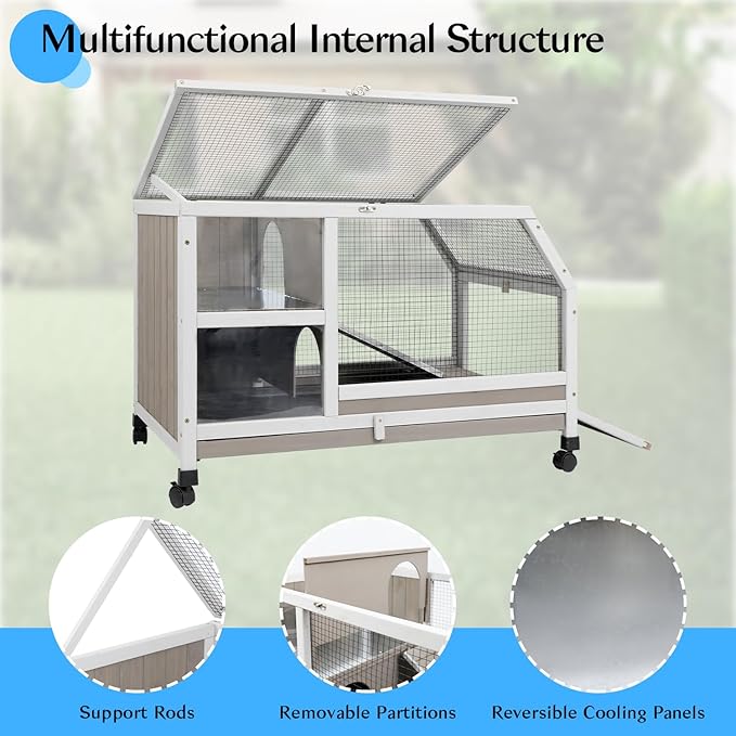 36''L Rabbit Hutch Outdoor with Casters and Run, Wooden Indoor 2 Story Guinea Pig Cage with Divider Panel, Pull Out Tray, Rabbit Duck Bunny House for Small to Medium Animals and Pet Lover, Gray