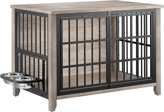 Lulive Large Dog Kennel Indoor with 360°& Adjustable Raised Dog Bowls, Wooden Dog Crate Furniture Double Doors Furniture Dog Crates End Table for Large/Medium Dogs 37.8" L*23.6" W*27" H, Grey