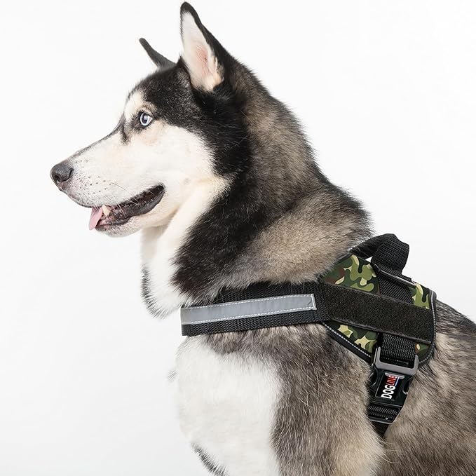 Dogline Dog Harness, Reflective No-Pull Adjustable Vest with Handle for Walking, Training, Breathable, No - Choke Harness for Small, Medium or Large Dogs Room for Patches Girth 22"-28" in Green Camo