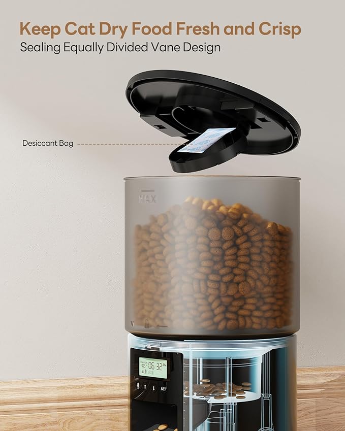 Automatic Cat Feeder Food Dispenser: 6L Timed Small Dog Dry Food Dispenser with 10s Voice - Distributeur Nourriture Chat Hund Programmable - Auto Pet Feeder with 1-6 Meals Black