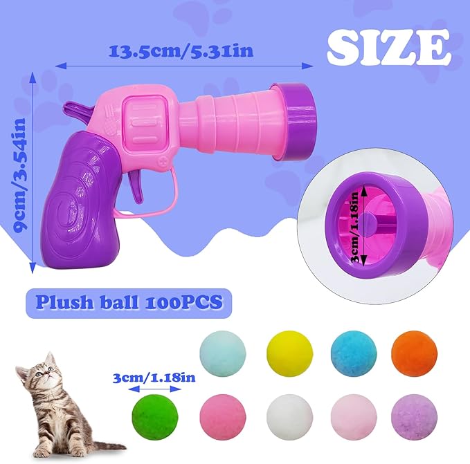 Andiker Plush Pom Pom Balls Set - Interactive Cat Toy (30pcs - Pink: 100balls, Launcher Set)