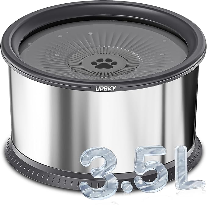 UPSKY 3.5L Dog Water Bowl,Large Capacity No Spill Dog Water Bowl,Stainless Steel Spill Proof Slow Water Feeder,No Splash Water Bowl with Anti-Slip Mat for Messy Drinkers Grey