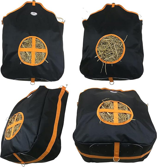 Majestic Ally Nylon Hay Feeder Tote Bag for Horse, Goat, Sheep - Double Sides Open Feed Hole with Faux Leather Ventilated Bottom- Premium Quality -Simulates Grazing - Reduces Waste (Black)