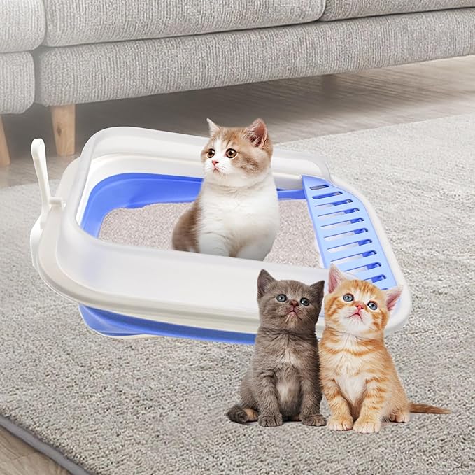 High Sided Cat Litter Box, Anti-Splashing Low Entry Cats Litter Pan with Scoop Collapsible Foldable Shallow Kitten Potty Toilet Waterproof Cat Travel Litterbox Semi-Enclosed Easy Clean(Blue)