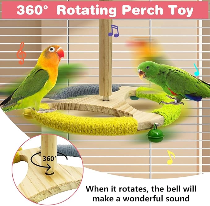 PINVNBY Hanging Bird Stand Perch Toy Wooden Spinning Parrot Perch with Cotton Rope and Bell Interactive Cockatiel Toy Bird Cage Accessories for Parakeets Conures Budgies Finches Lovebirds