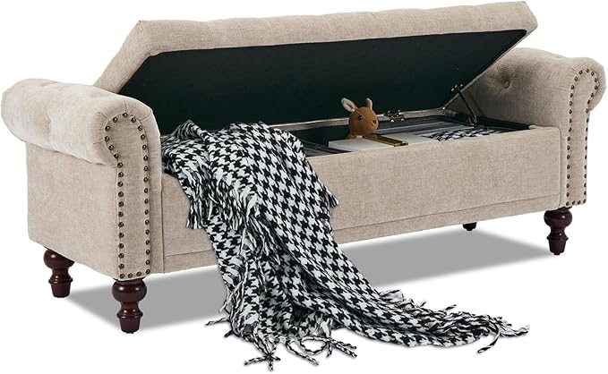 58.1'' Storage Bench Upholstered Chenille End of Bedroom Bed Bench Ottoman with Tufted Cushioned Rolled Arm Large Storage Space for Reading Living Room Entryway, Light Brown