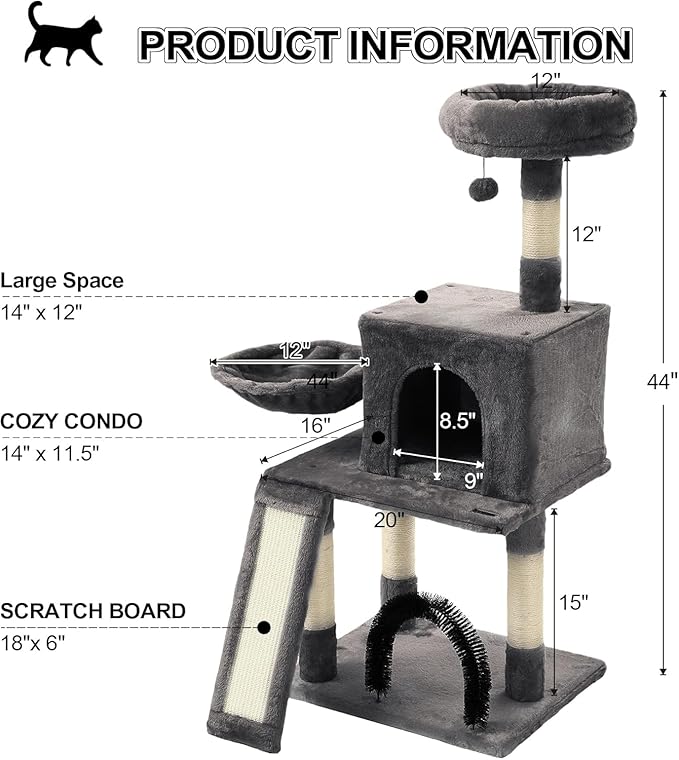 HOOPET 44IN Cat Tree for Indoor Cats - Multi-Level Cat Tower with Hammock, Condo, Scratching Posts, Self-Grooming Brush & Play Ball - Space-Saving Cat Furniture for Small Apartments