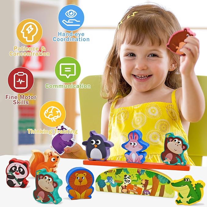 Vileafy Montessori Wooden Animal Toys for 3 4 5 Year Old Boys and Girls, 10 Pack Balance Blocks with Beam & Base, Toddler Stacking Toys Games, Educational Preschool Toys for Birthday Gifts