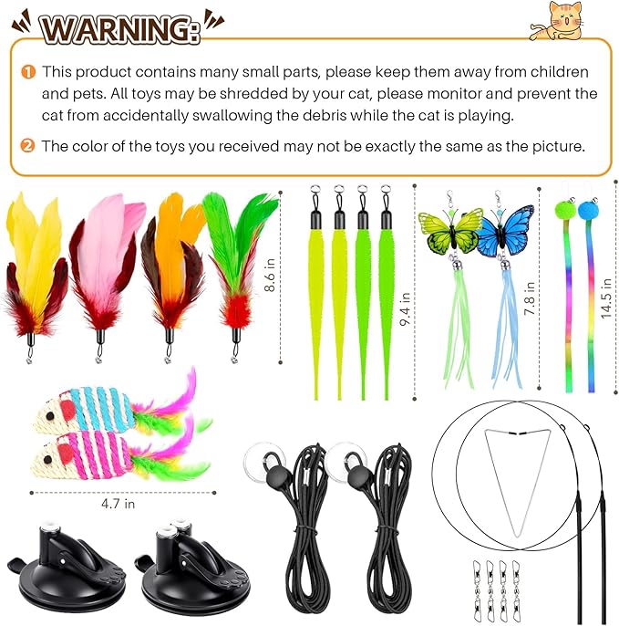 HONGDDY Cat Toys, 14Pcs 4 in 1 Indoor Adult Cat Interactive Toys, Hanging Door Kitten Wand with Suction Cup Removable Feathers Balls Mice Butterfly Streamers